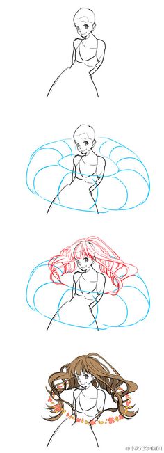 four different types of hair and one is drawn in blue, red, and white