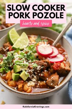 slow cooker pork pozole with hearty and spiced toppings in a bowl