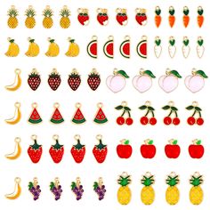 PRICES MAY VARY. Material: Alloy, 100% brand new and high quality. Color: gold plated and enamel. Size: 0.65" - 1" (16 - 24 mm). Quantity: 60 pcs gold enamel fruit charms, 15 kinds each 4pcs. Mixed banana, watermelon, peach, grape, strawberry, pineapple, apple, and so on, appropriate for your different needs for DIY crafts. Alloy charms pendants adopt electroplating process, beautiful and safe. Used to create dramatic pendants, earrings, bracelet, necklace, anklet, home decoration and other even Strawberry Necklace, Pineapple Strawberry, Jewelry Making Necklace, Pendant Diy, Jewelry Making Charms, Earring Jewelry, Enamel Charms, Metal Charm, Gold Enamel