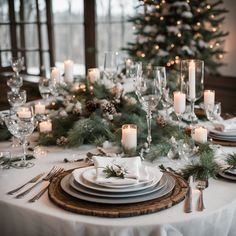 a table set for christmas dinner with candles and place settings