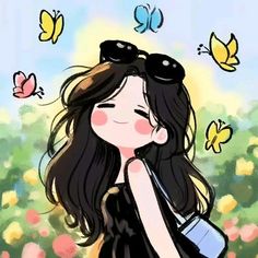 a drawing of a girl with sunglasses and butterflies in the background