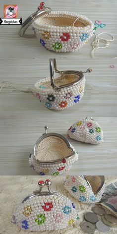 three purses made out of pearls and beads