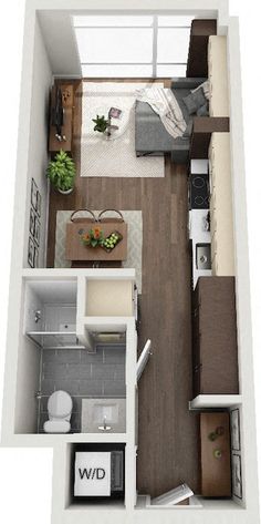 an overhead view of a bedroom and living room in a studio apartment, showing the kitchen