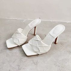 You'll be feeling chic in any outfit with the 90's-inspired Tokyo Sandals. A square open toe, featuring a PU woven upper, statement square toe and stiletto high heel. PU woven upper Heel measures approximately 4 inches Slip-on Square open toe Imported Square Sandals, Nice Sandals, Mule Sandals, Leather High Heels, 90s Inspired, High Heels Stilettos, Mule, Wedding Accessories, Me Too Shoes