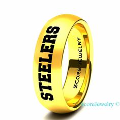 14K Yellow Gold Tungsten Band with Domed Edge NFL Football Pittsburgh Steelers Ring Ring Basketball, Football Rings, Baseball Ring, Basketball Ring, Gold Tungsten Wedding Bands, Gold Stacking Rings Wedding, Football Jewelry, Steelers Gear, Steelers Girl