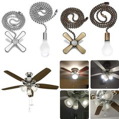 four different types of ceiling fans with light bulbs and chains attached to the ceiling fan