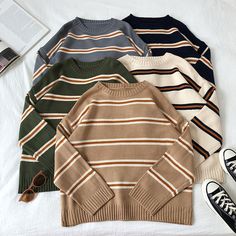 Oversized round neck knit sweater with stripes. L/XL: 24" across shoulders, 48" chest, 24" length Sweater Couple, Estilo Tomboy, Sweaters Knitted, Couples Sweaters, Womens Knit Tops, Retro Sweater, Oversized Pullover, Warm Sweaters, Mode Inspo