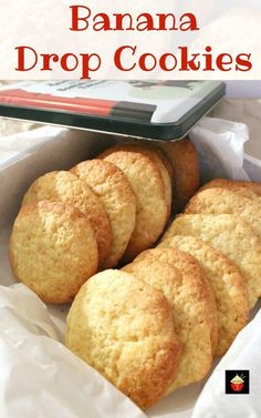 banana drop cookies in a box with text overlay