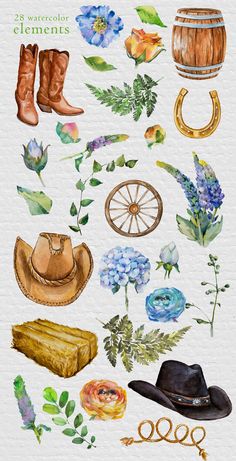 watercolor elements are arranged in the shape of flowers, hats and other things to be used