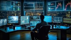 a man sitting at a desk in front of multiple computer screens with graphs on them