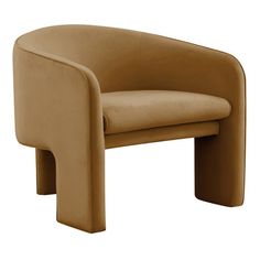 a tan chair with curved legs and an armrest