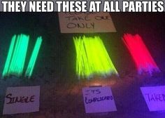 there are many different colored sticks on the table and one is saying, they need these at all parties