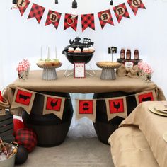 the table is set up for an outdoor bbq party with plaid bunting and decorations