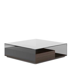 a glass and wood coffee table sitting on top of a white floor