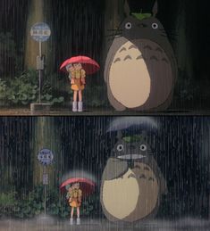 an image of people standing in the rain with umbrellas and totoro looking at each other