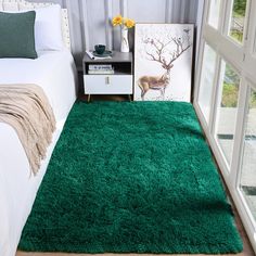 a bed room with a neatly made bed and a green rug on the floor next to it