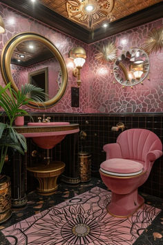 a pink toilet sitting next to a sink in a bathroom under a mirror and lights