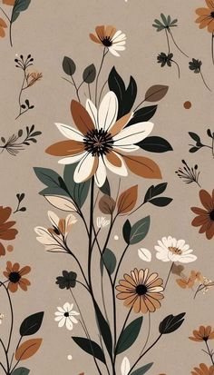 an image of flowers and leaves on a wallpaper background in brown, white, yellow and orange colors