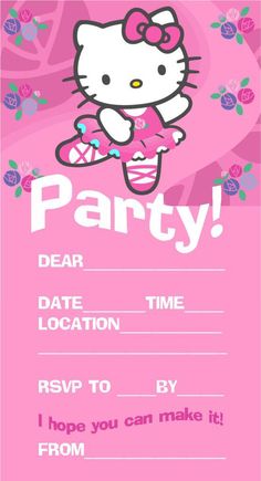 a hello kitty birthday party card with pink flowers and an image of the hello kitty on it