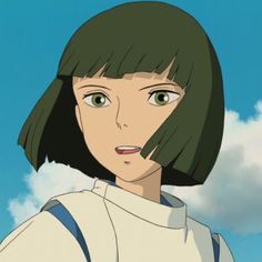 an anime character with short hair and green eyes looks at the camera while standing in front of clouds