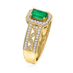 Ross-Simons - .40ct Emerald, .22ct t. w. Diamond Ring in 14kt Yellow Gold. Size 8. An RS exclusive. An elegant emerald meets dazzling diamonds in this 14kt yellow gold statement ring. With a .40 carat emerald front-and-center and .22 ct. t. w. diamonds all around, you'll win the night when wearing this one. 3/8" wide. Diamond and emerald ring. Emerald birthstones are the perfect gift for May birthdays. Formal Emerald Cut Emerald Ring With Pave Setting, Emerald Cut Diamond Ring With Pave Setting, Classic Emerald Ring With Pave Setting For Anniversary, Yellow Gold Emerald Ring With Pave Setting, Classic Diamond Ring With May Birthstone Accents, Gold Emerald Cut Ring With Pave Setting, Baguette Cut Diamond Ring With May Birthstone, Emerald Ring With Pave Setting For May Birthstone Anniversary, Yellow Gold Emerald Ring With Diamond Accents, Baguette Cut