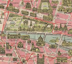 an old map of the city of london with buildings and streets in pink, black and yellow