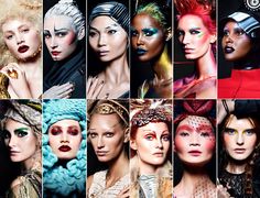 many different pictures of women with colorful makeup and hair accessories on their faces, including one woman's face