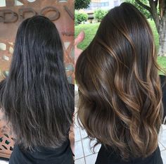 Hazelnut Balayage On Black Hair, Lightened Dark Brown Hair, No Bleach Hair Color For Black Hair, Baby Lights On Black Hair, Black Hair To Brown Before And After, Dark Caramel Highlights, Balayage On Dark Hair, Highlights Brown Hair Balayage