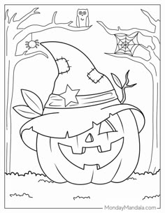 a coloring page for halloween with a pumpkin and witch's hat in the background