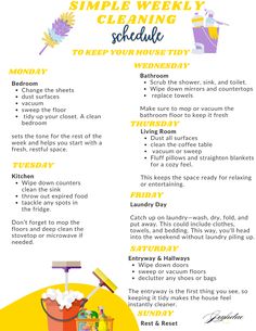 a cleaning checklist with the words simple weekly cleaning schedule to keep your house tidy