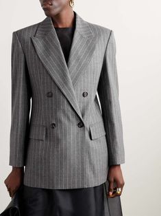 BRUNELLO CUCINELLI Striped wool blazer | NET-A-PORTER Luxury Striped Outerwear With Notch Lapel, Formal Pinstripe Wool Outerwear, Luxury Striped Long Sleeve Blazer, Elegant Pinstripe Winter Blazer, Luxury Pinstripe Outerwear For Work, Luxury Fitted Pinstripe Outerwear, Luxury Striped Formal Outerwear, Elegant Pinstripe Outerwear For Work, Luxury Striped Business Outerwear