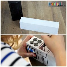 two pictures showing how to make an origami box with buttons on the inside and outside