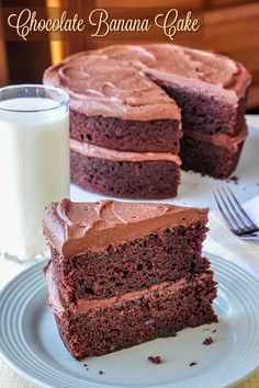 chocolate banana cake on a plate with a glass of milk