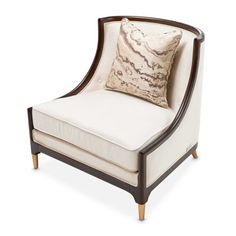 a white and brown chair with a pillow on it's back, in front of a white background