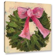 a painting of a pink bow on a green wreath