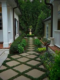 the walkway is lined with grass and small bushes in front of two white houses on either side