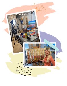 a woman standing in front of a table with art supplies on it