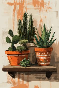 two potted plants sitting on top of a shelf