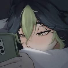 an anime character with green hair holding a cell phone