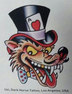 an old school tattoo design with a dog wearing a top hat and holding a playing card