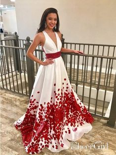 Red Beaded Floal Printed Long Prom Dresses with Deep V-Neck Formal Dress Plus Size APD3326-SheerGirl Formal Dress Plus Size, Military Dresses, Floral Prom Dresses, White Prom Dress, Long Prom Dresses, Satin Prom Dress, Evening Gowns Formal, Junior Dresses, Quinceanera Dresses