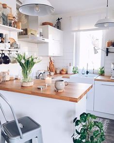 a kitchen filled with lots of counter top space next to a potted green plant