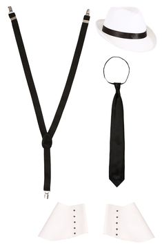 a white hat, tie, and suspenders are arranged on a white background