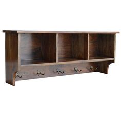 a wooden shelf with three hooks on the bottom and two open shelves above it,