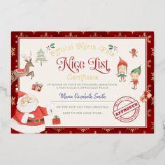 a christmas certificate with santa claus and reindeers