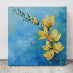 a painting of yellow flowers on a blue background