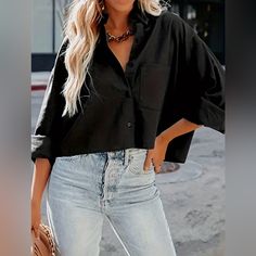 Womens Button Rdown Shirt - Cropped - New, No Tags - Black - Size Xl - Wide Cut Sleeves Oversized Black Button-up Shirt, Black Solid Color Button-up Shirt, Oversized Black Tops With Buttons, Oversized Black Top With Buttons, Black Button-up Tops For Spring, Black Button-up Casual Top, Trendy Black Tops With Pockets, Casual Black Collared Blouse, Trendy Black Collared Shirt