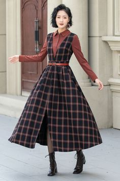 Fit and flare plaid pinafore wool dress women 5354 Chic A-line Plaid Dress, Fall A-line Tweed Dress, Plaid Midi Dress For Fall Workwear, Plaid Dress For Formal Fall Occasions, Plaid Dress For Formal Fall Events, Elegant Plaid Dress For Work, Formal Plaid Dress For Fall, Elegant Plaid Winter Dress, Elegant Plaid Midi-length Dress