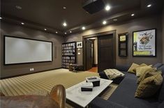 a large room with couches and a projector screen