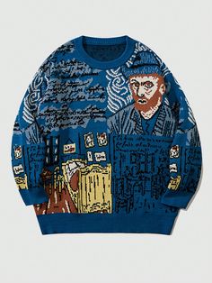 Men's Sweater Van Gogh Painting Creative Round Neck Pullover Knitwear Blue Casual  Long Sleeve Knitwear Figure Pullovers Medium Stretch  Men Clothing, size features are:Bust: ,Length: ,Sleeve Length: Sweater Streetwear, Boho Pullover, Streetwear Chic, Streetwear Mode, Vintage Pullovers, Streetwear Tops, Oversized Pullover, Mode Inspo, Men's Knit